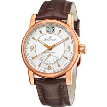 Grovana Mens Day Retrograde Brown Leather Strap Quartz Watch