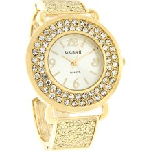 Gruen II Ladies Crystal Ice Bezel GoldTone Hinged Cuff Watch/Bracelet Set GRT907