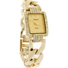 Gruen II Quartz Ladies Crystal Ice Cuban Link Gold Tone Bracelet Watch GRT908