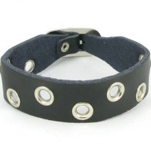 H297 Punk Round Stud Black Leather Men/women Buckle Wristband Cuff