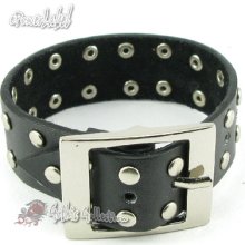 H325 Punk 2 Rows Flat Head Stud Black Leather Men/women Huge Buckle Wristband