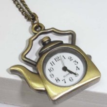 Hot Bronze Antique Pendant Pocket Watch Sweater Necklace With Kettle Shape 24