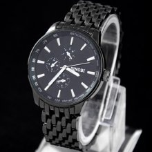 Hours Clock Luxury Mens Black Steel Alloy Quartz Wrist Watch Fashion Sports