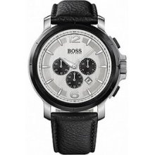 Hugo Boss Mens Black Leather Silver Dial Chrono Calendar Watch 1512456
