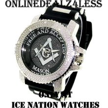 Iced Out Men's Black/silver Masonic Ice Nation Hip Hop Silicone Watch