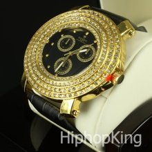 Icy Clear Crystals On Gold Finish Case Elegant Luxury Look Hip Hop Custom Watch