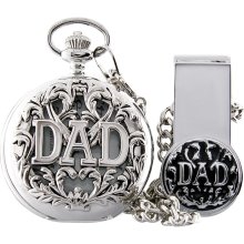 James Michael Silver Tone Mens White Dial Filigree Dad Quartz Pocket Watch