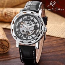 Ks Skeleton Mechanical Stainless Steel Case Black Dial Leather Sport Wrist Watch