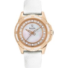 Ladies' Bulova Diamond Accent Watch in Rose-Tone Stainless Steel with Mother-of-Pearl Dial (Model: 98P119) bulova