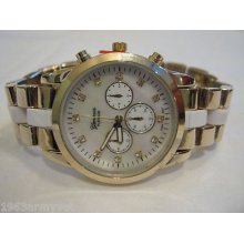 Ladies Geneva Chronograph Watch - Goldtone Bezel - Mop Like Dial