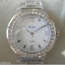 Ladies Geneva Watch, Clear Band, Gemstone Bezel