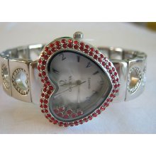 Ladies Geneva Watch -red Gemstone Heart Bezel, Loose Gemstones In Dial