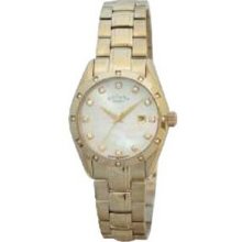 Ladies Gold Rotary Date Bracelet Diamond Watch W/ Mother Of Pearl Dial