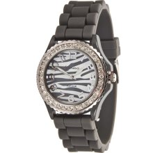 Ladies Grey Silicone Watch w/ Zebra Print & Crystals on Silver Bezel - Silver - Silver - One Size