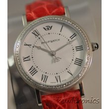 Ladies Philip Watch Diamond Bezel White Dial Red Leather Swiss Watch $950