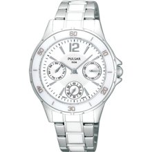 Ladies Pulsar White Dial Chronograph Watch with Stainless Steel and White Enamel Inlay Bracelet