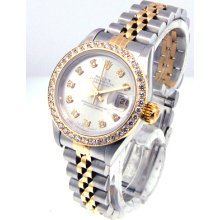 Ladies Rolex 18k Gold Steel Datejust Silver Diamond Dial Diamond Bezel