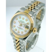 Ladies Rolex 18k Yellow Gold Steel Datejust White Mother Of Pearl Diamond Dial