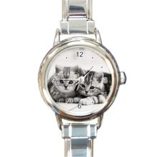 Ladies Round Italian Charm Bracelet Watch Two Kittens Pet Gift model 26386365