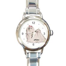 Ladies Round Italian Charm Bracelet Watch Cute Maltese Dog Gift model 26436356