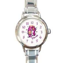 Ladies Round Italian Charm Bracelet Watch Pink Ballet Shoes Dance Gift 34789597