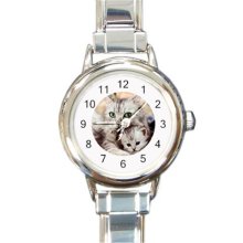 Ladies Round Italian Charm Bracelet Watch Cat Cats Family Love Gift 30178721