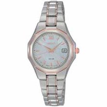 Ladies' Seiko Solar Two-Tone Stainless Steel Watch with Mother-of-Pearl Dial (Model: SUT060) seiko