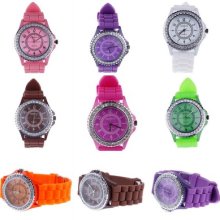 Lady Men Casual Sport Crystal Silicone Silicon Jelly Rubber Wrist Watch Calendar