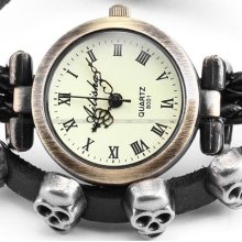 Lady Weave Wrap Around Black Leather Bracelet Skull Quartz Watch Dailyetrade