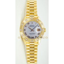 Ladys 18K Yellow Gold President Model 69178 Custom Added Mother Of Pearl Roman Dial & Factory 12 Diamond Bezel