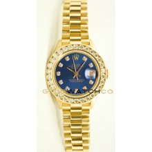 Ladys 18K Yellow Gold President Model 69178 Custom Added Blue Diamond Dial & 2CT Diamond Bezel