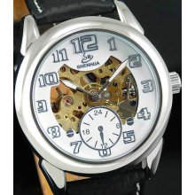 Latest Style Men's Automatic Skeleton Mechanical Wrist Watch Silver White Dial