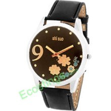 Leather Watchband Dial Round Ladies' Wrist Quartz Watch