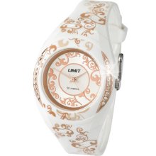 Limit Ladies Floral Stone Set Silver Dial White Resin Strap Watch 6802 5atm