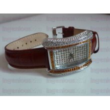 LIMITED EDITION BY ADRIENNE Swarovski Crystals Brown Embossed Leather Watch