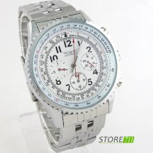 Luxury Business Mens White 3 Sub-dials Date Automatic Mechanical S/steel Watch