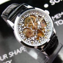 Luxury Charm Automatic Gold Tone Skeleton Mechanical Mens Leather Wrist Watch