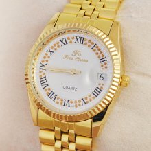Luxury Charm Golden Steel Case Band Men Women Wrist Watch Quartz Date Gift