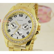 Luxury Crystal White Dec Subdial Gold Stainless Steel Mens Quartz Wrist Watch