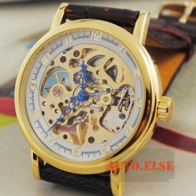 Luxury Gold Skeleton Hand Winding Men's Wrist Watch Mechanical Blue Hand Leather