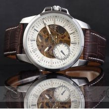 Luxury Grain Face Dial Skeleton Hand Men Auto Mechanical Wrist Watch Leather X99