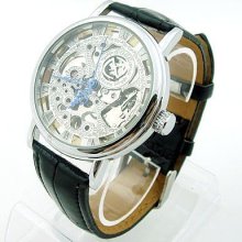 Luxury Leather Skeleton Roman Number Mechanical Mens Wrist Watch