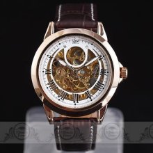 Luxury Rose Golden Skeleton Men Auto Mechanical Wristwatch Genuine Leather Tkx94