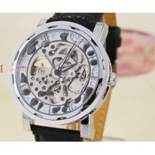 Luxury Silver Skeleton See Through Steel Case Men Black Leather Auto Wrist Watch