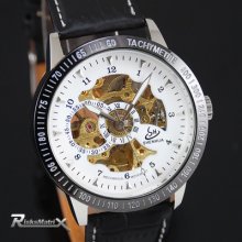 Luxury Skeleton Tachymeter Automatic Mechanical Timpiece Leather Men Sport Watch