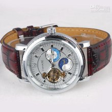 Luxury Style 4pcs Silver 3-dial Automatic Mechanical Watch Dark Red