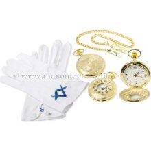 Masonic Quartz Half Hunter Pocket Watch & Pair Of Masonic 100% Cotton Gloves
