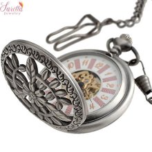 Mechanical Hand-wind Full Hunter Copper Antique Pocket Watch Case Long Chain 16