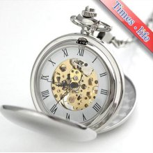 Men Pocket Watch Silver Double Openable Case Mechanical