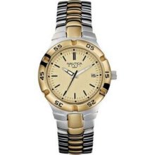 Men`s Nautica 2 Tone Stainless Steel Watch W/ Gold Dial & Date Window